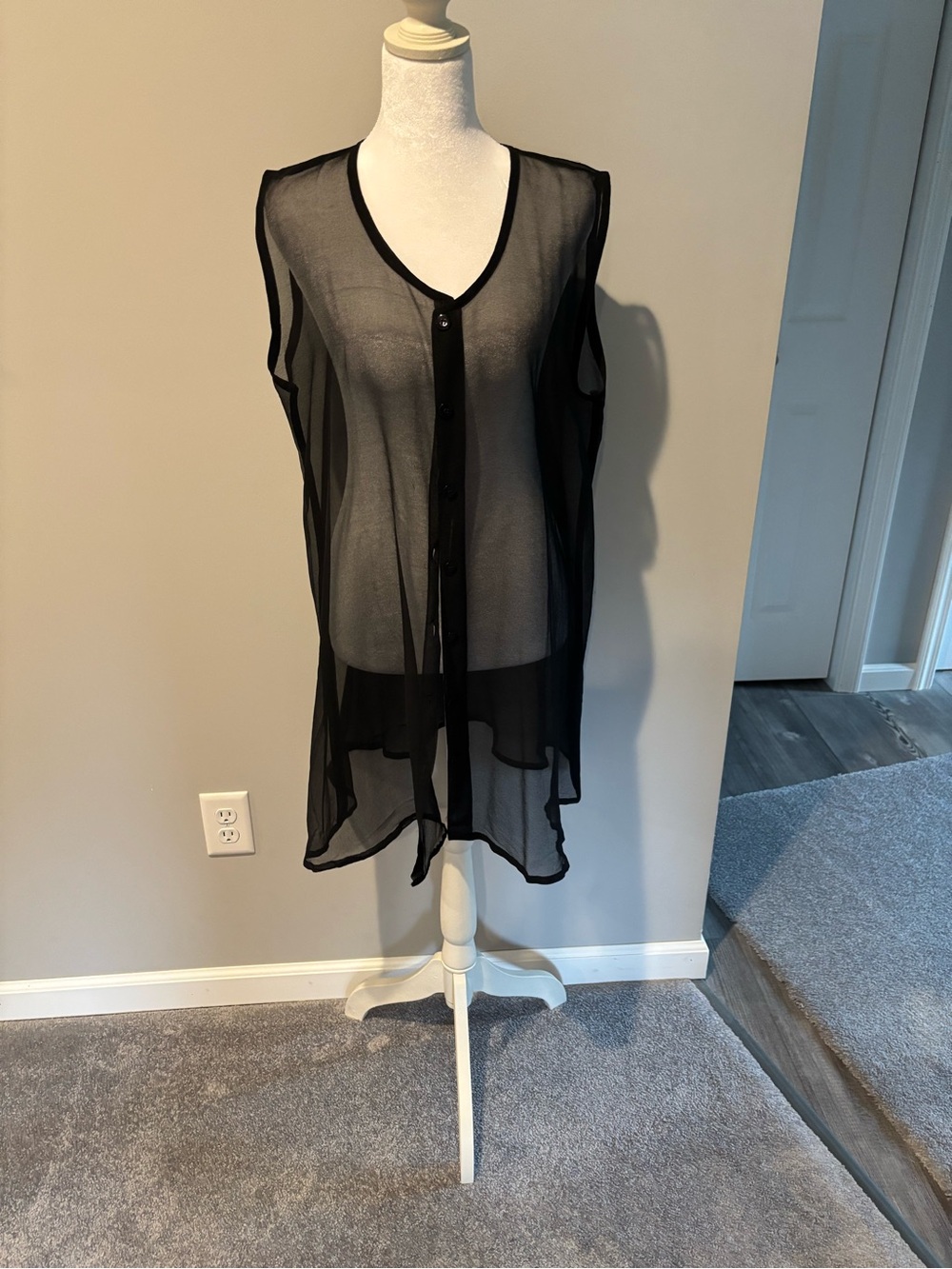 Black Sheer Button-Front Cover-Up Vest